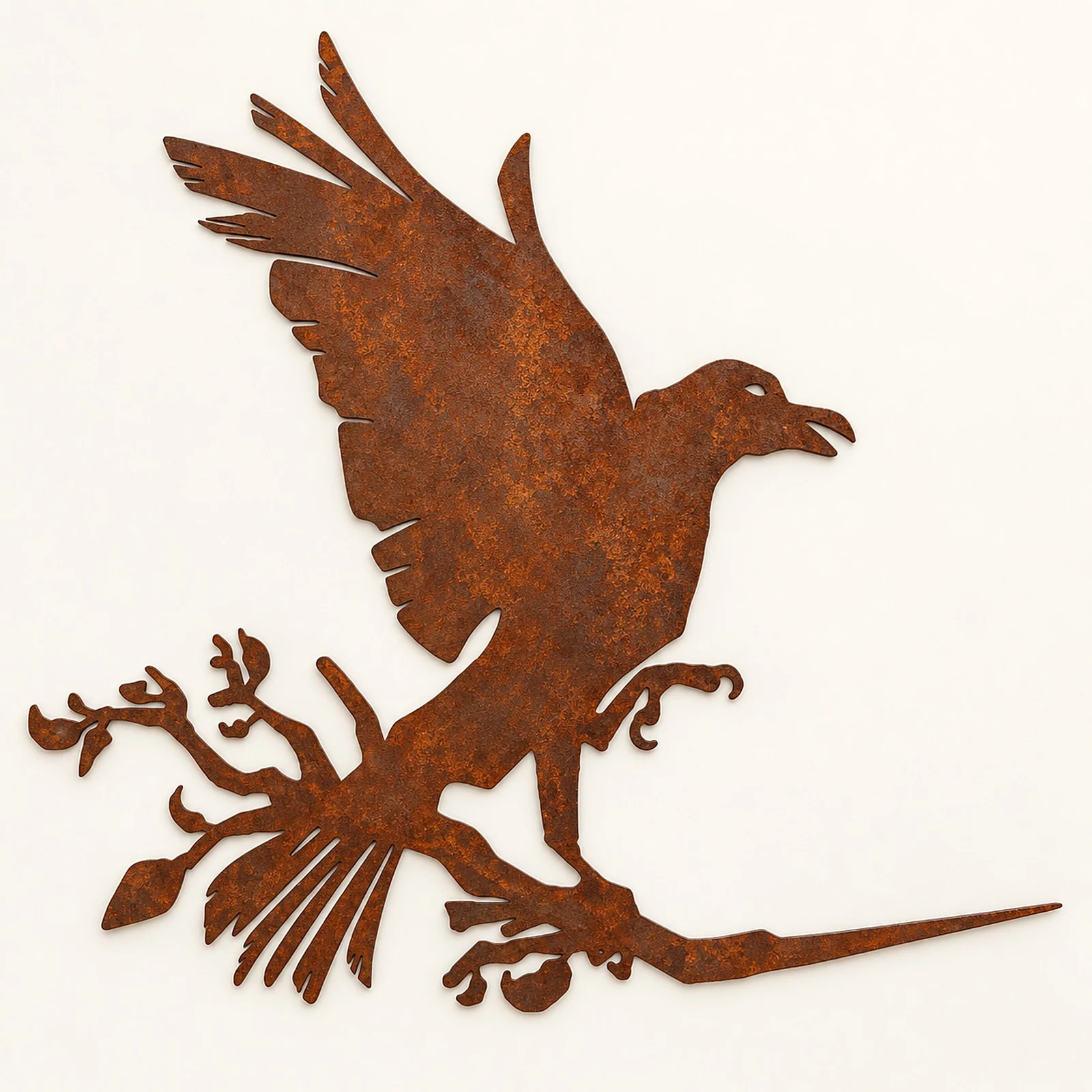 Detailed rusted Crow steel silhouette with its natural branch mounting spike