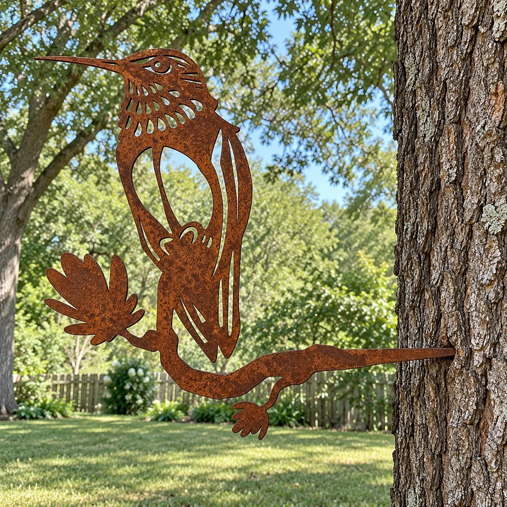 Finished hummingbird steel silhouette mounted on a garden tree