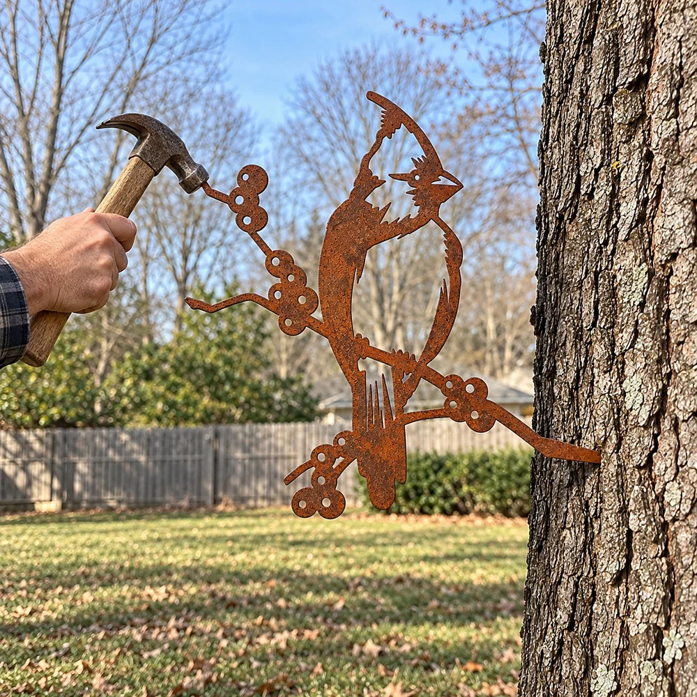 Installing a cardinal tree stake with a hammer