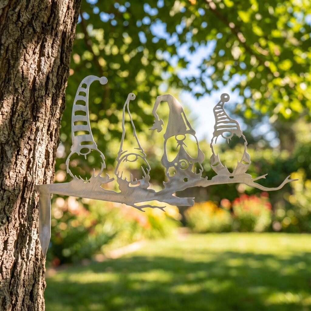 4 Gnomes Stake in the Raw Steel finish on a tree in summer