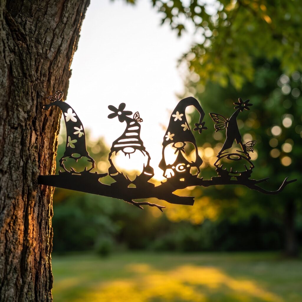 4 Whimsical Gnomes Tree Stake in the Black finish on a summer tree