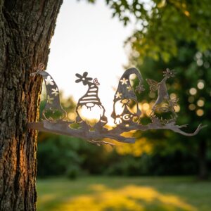 4 Whimsical Gnomes Tree Stake metal yard art in raw steel finish, summer setting