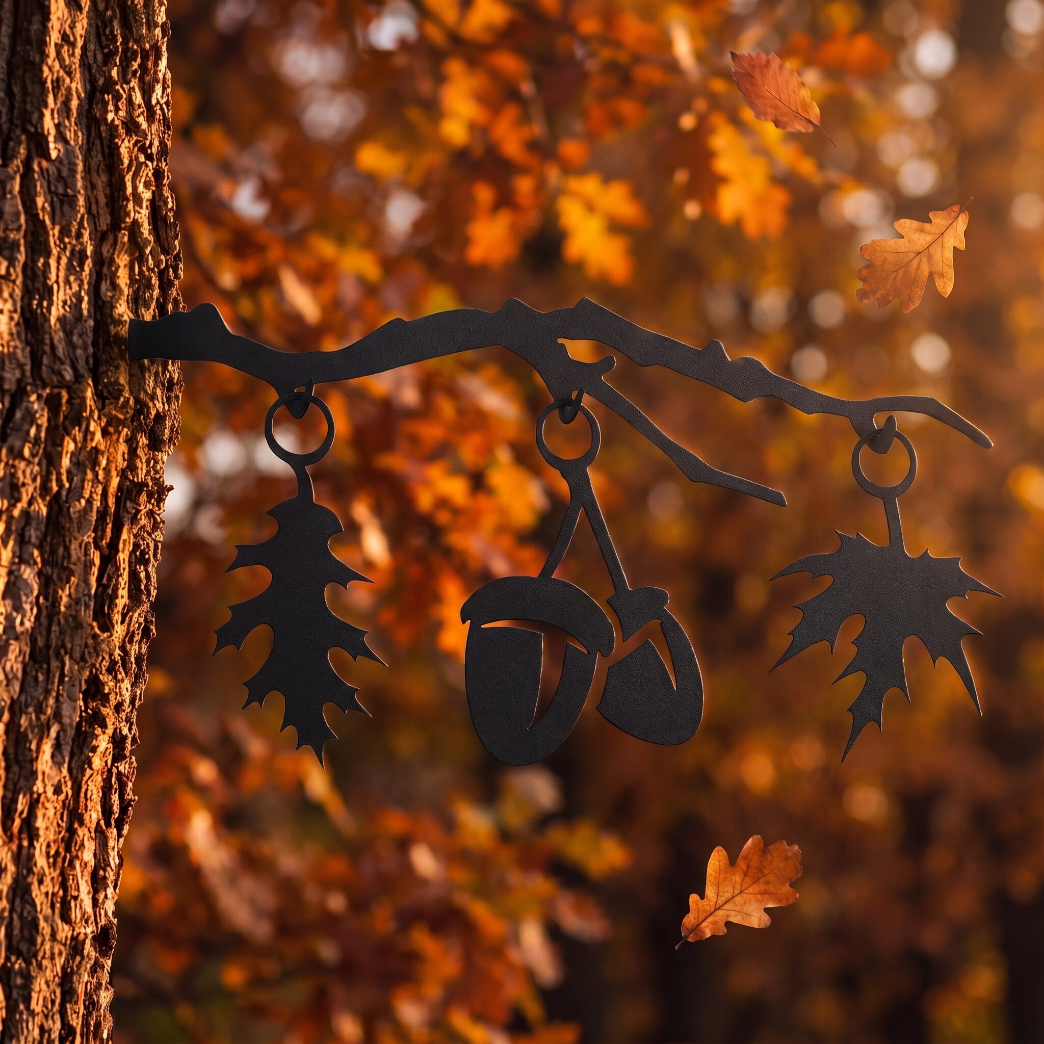 Autumn Stake metal yard art in black finish, autumn setting