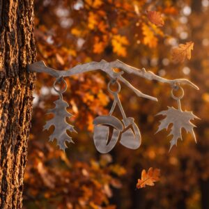Autumn Stake metal yard art in raw steel finish, autumn setting