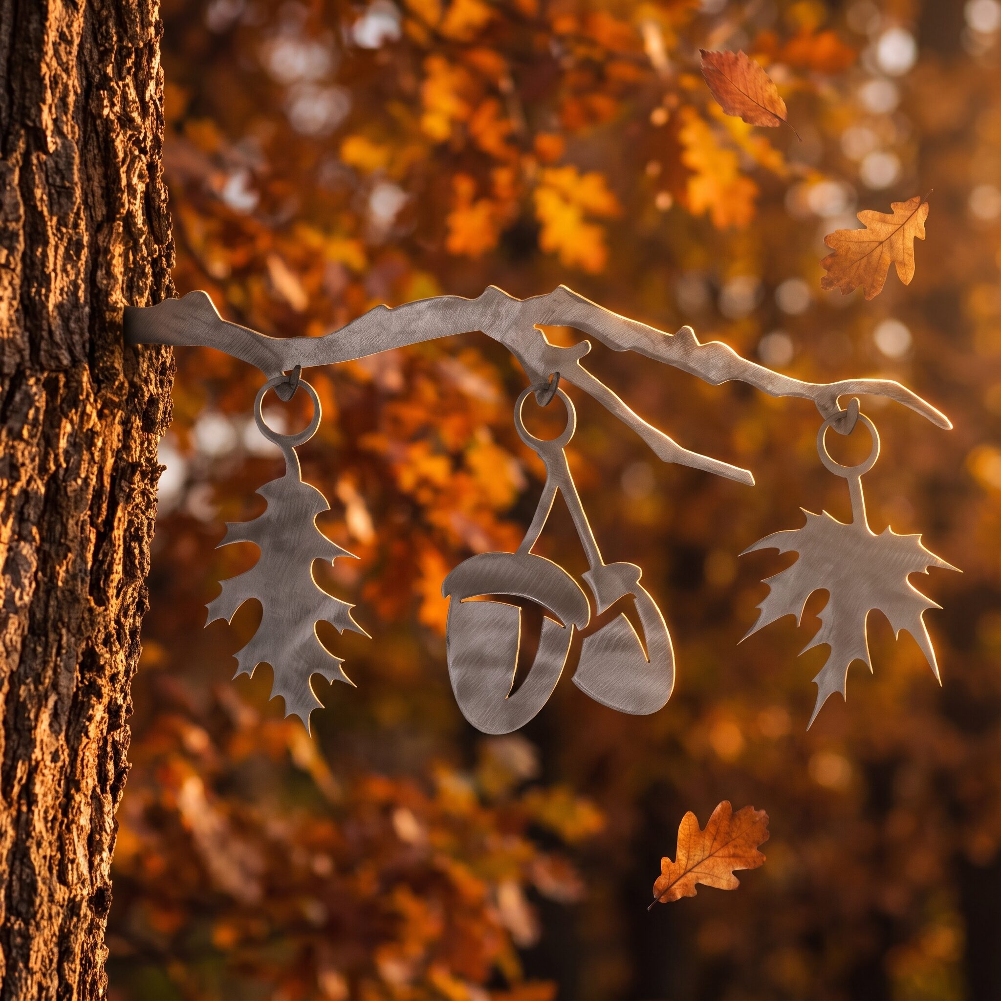 Autumn Stake metal yard art in raw steel finish, autumn setting