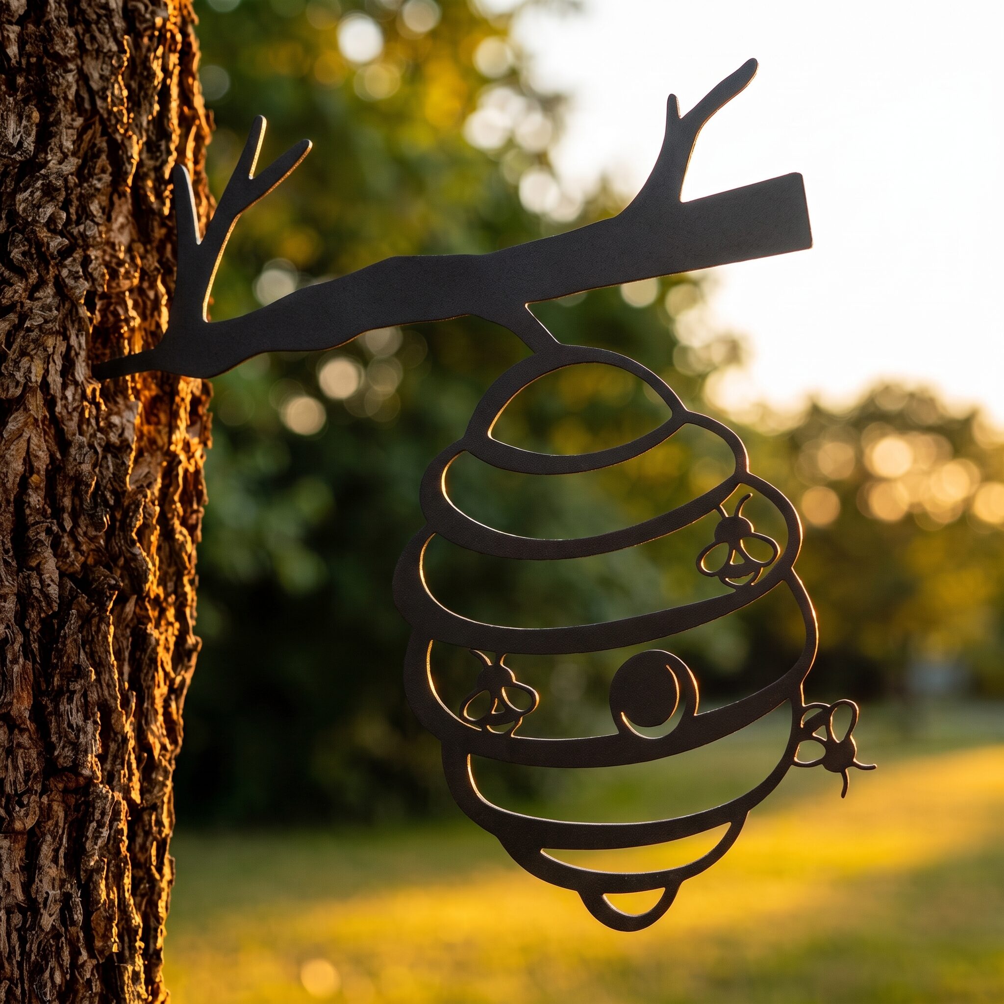 Beehive Stake metal yard art in black finish, summer setting