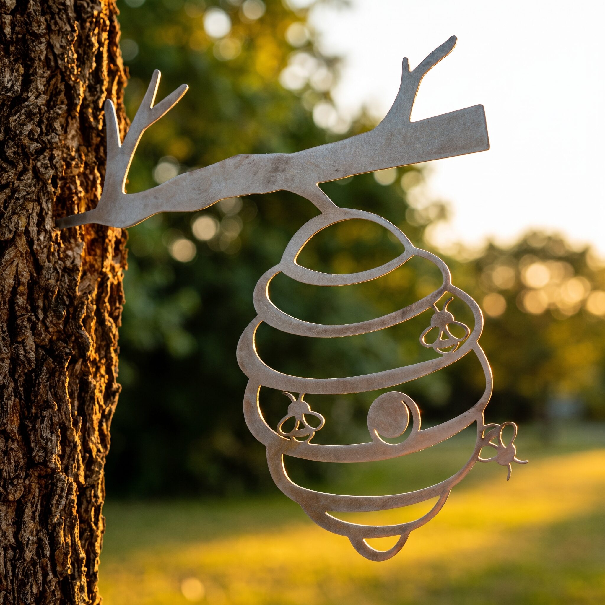 Beehive Stake metal yard art in raw steel finish, summer setting
