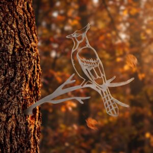 Blue Jay Stake metal yard art in raw steel finish, autumn setting