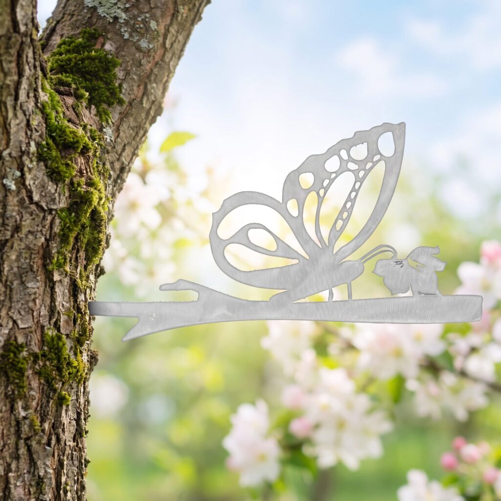 Butterflies Stake in Raw Steel on a tree in spring