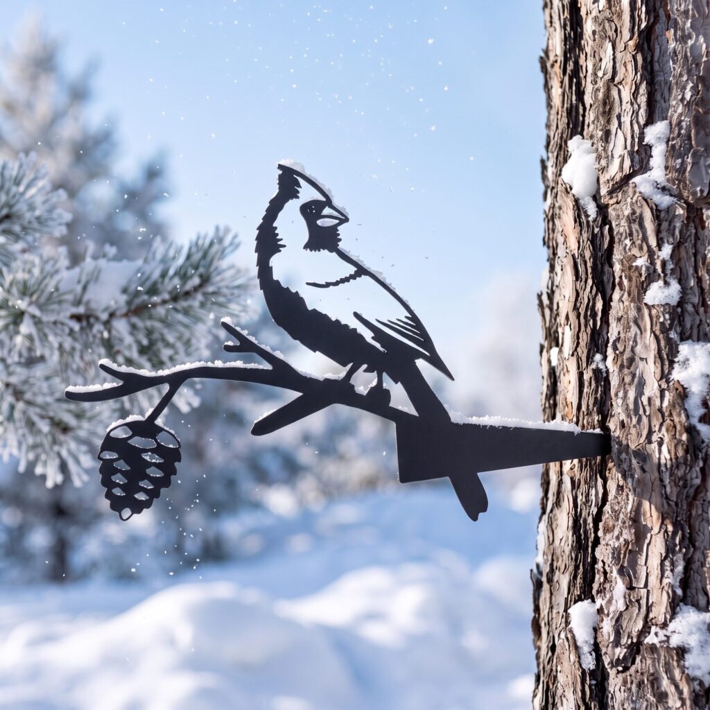 Cardinal Stake in Black on a tree in winter