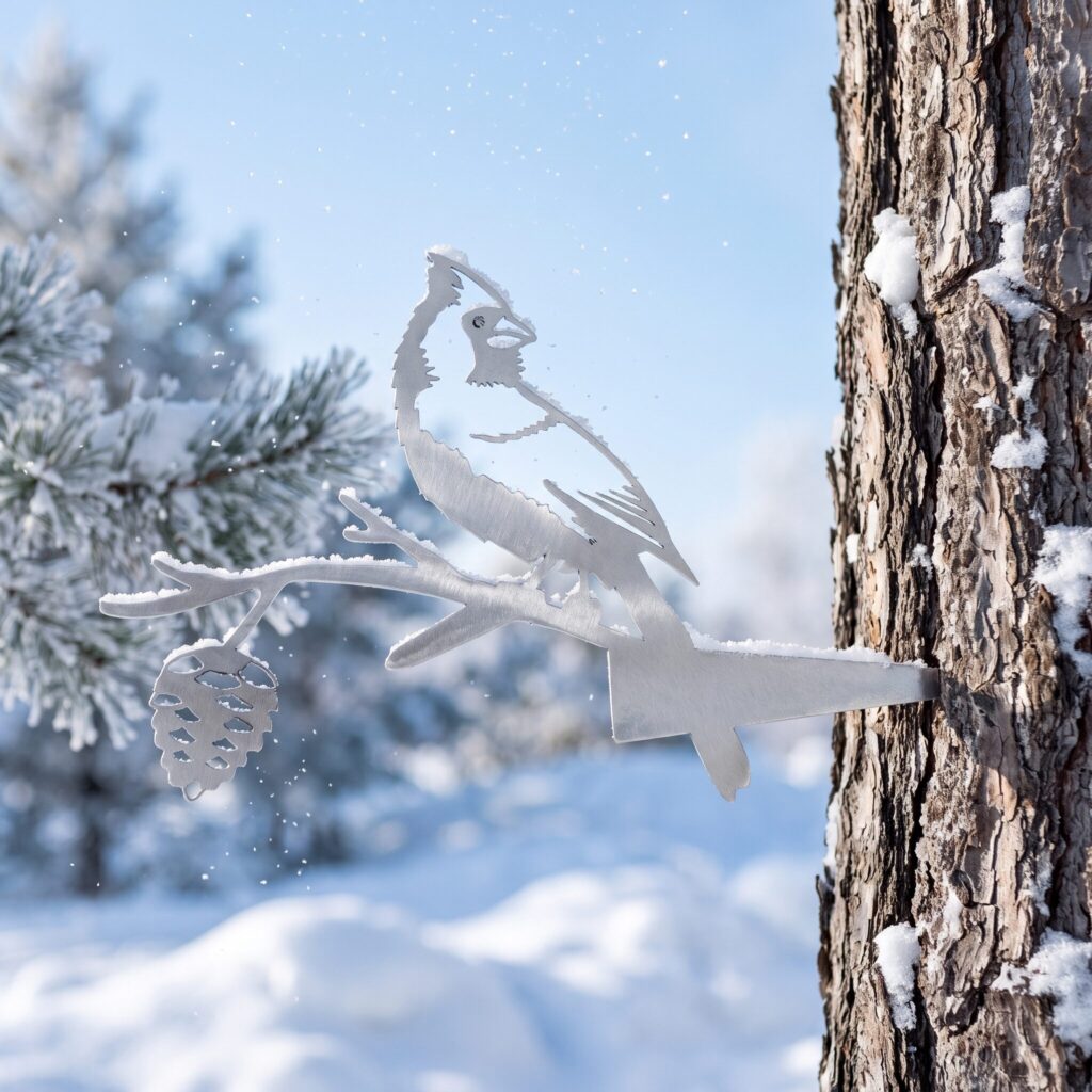Sympathy gift ideas: the Cardinal Stake in Raw Steel on a winter tree