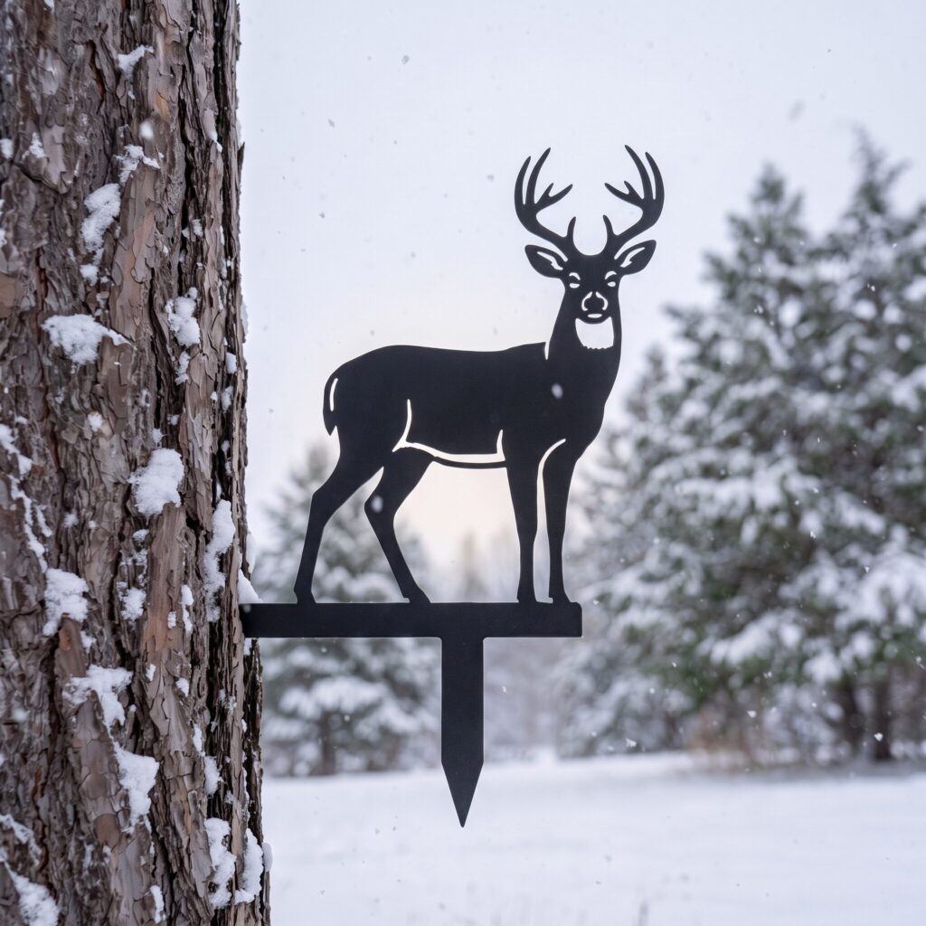 Christmas Stake in the Black finish, a whitetail buck in full rack, on a winter tree