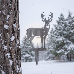 Christmas Stake metal yard art in raw steel finish, winter setting