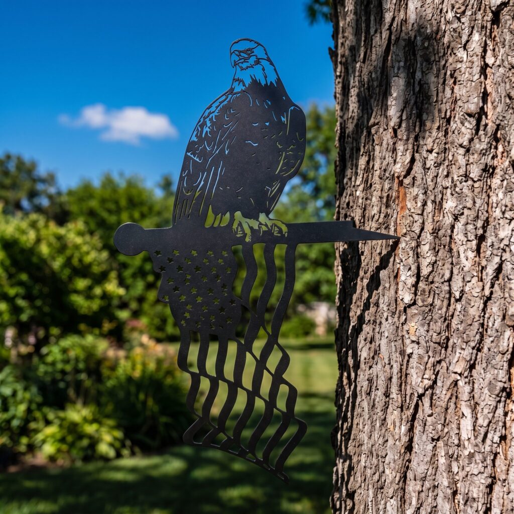 Eagle and Flag Stake in the Black finish on a tree in summer