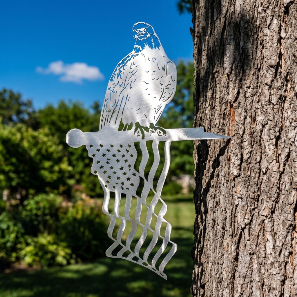 Patriotic garden decor: the Eagle and Flag Stake on a summer tree