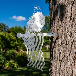 Eagle and Flag Stake metal yard art in raw steel finish, summer setting