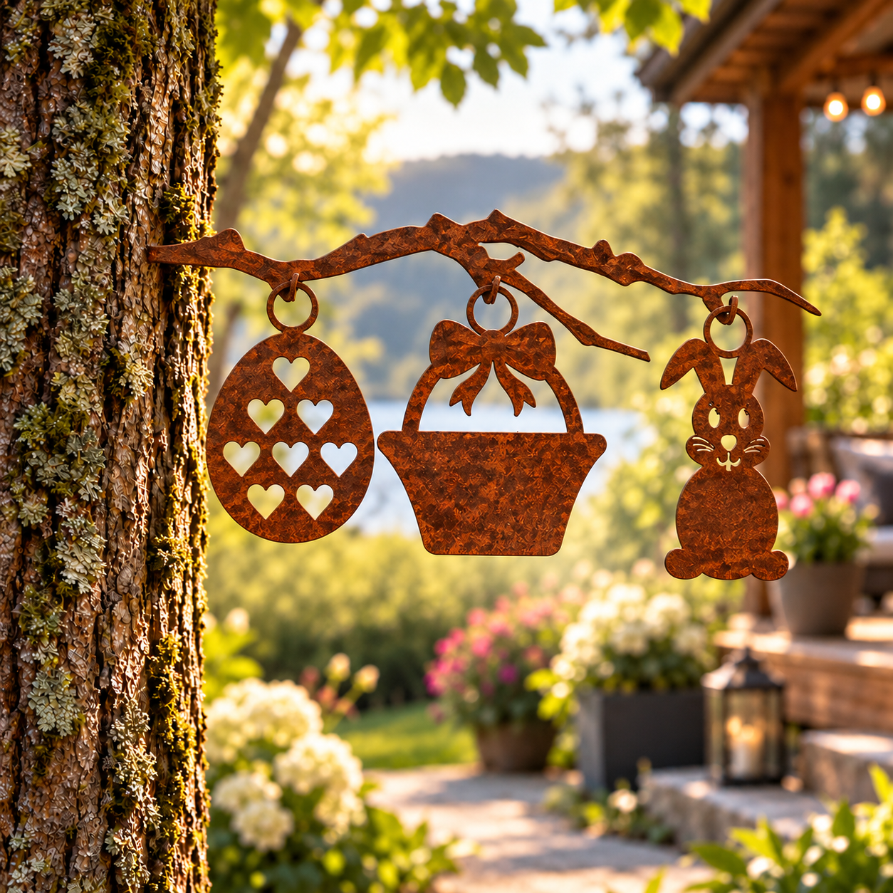 Easter Stake in weathered raw steel: a heart egg, a basket and a bunny hung from a branch