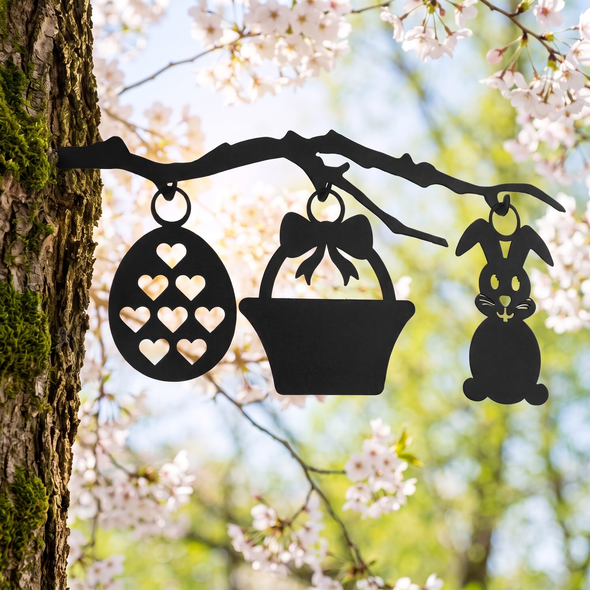 Easter Stake metal yard art in black finish, spring setting