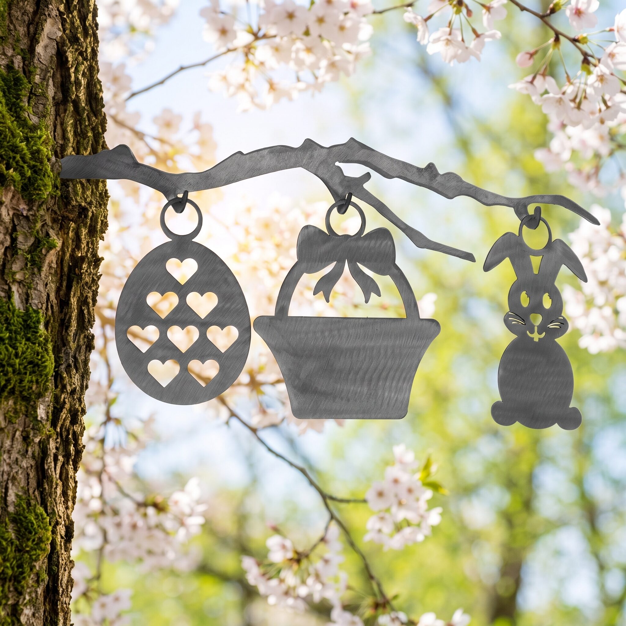 Easter Stake metal yard art in raw steel finish, spring setting