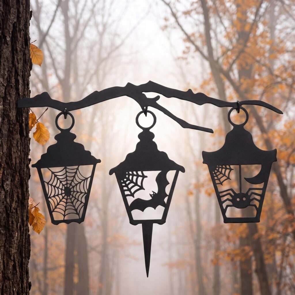 Halloween Stake in the Black finish with lanterns and a bat on an autumn tree