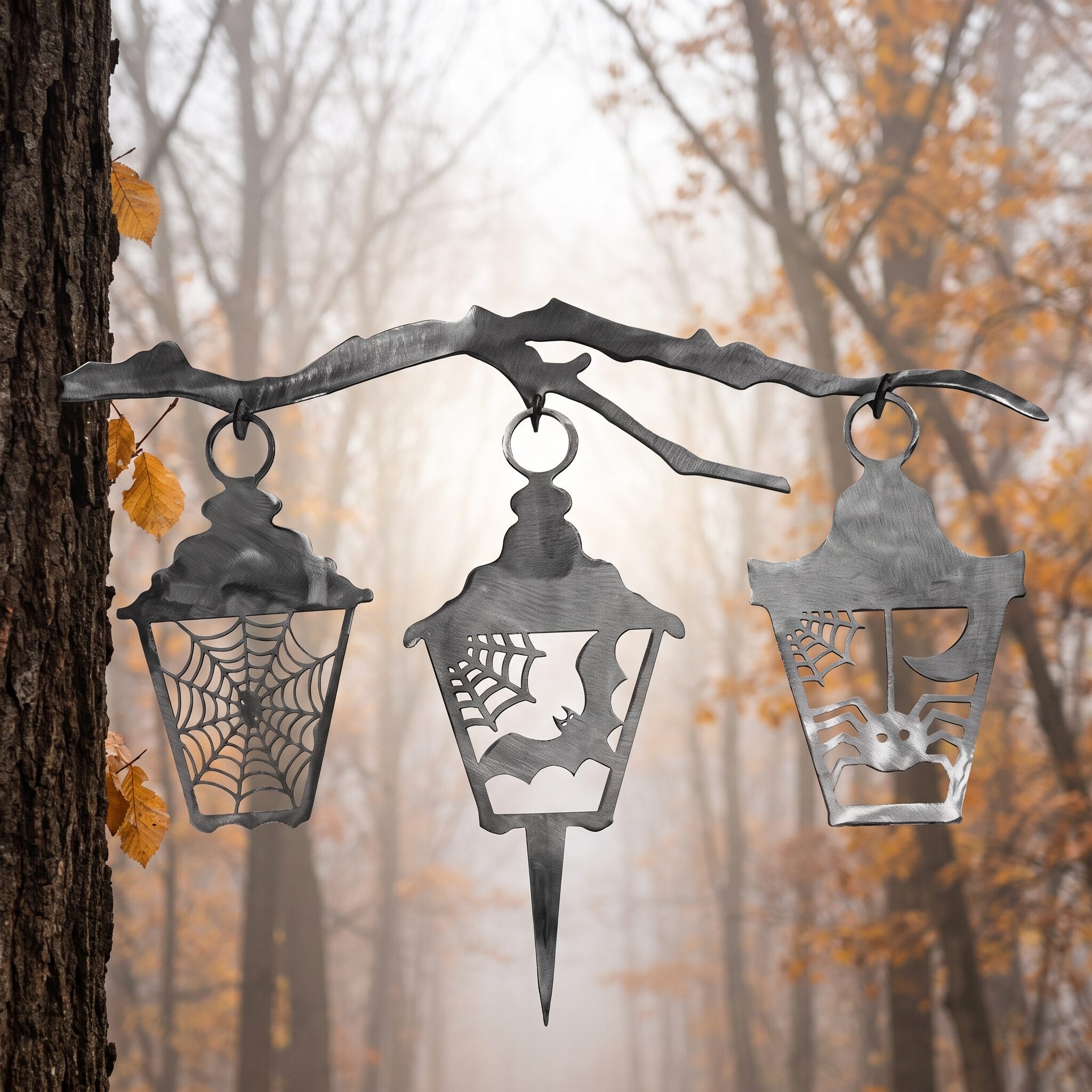 Halloween Stake metal yard art in raw steel finish, autumn setting