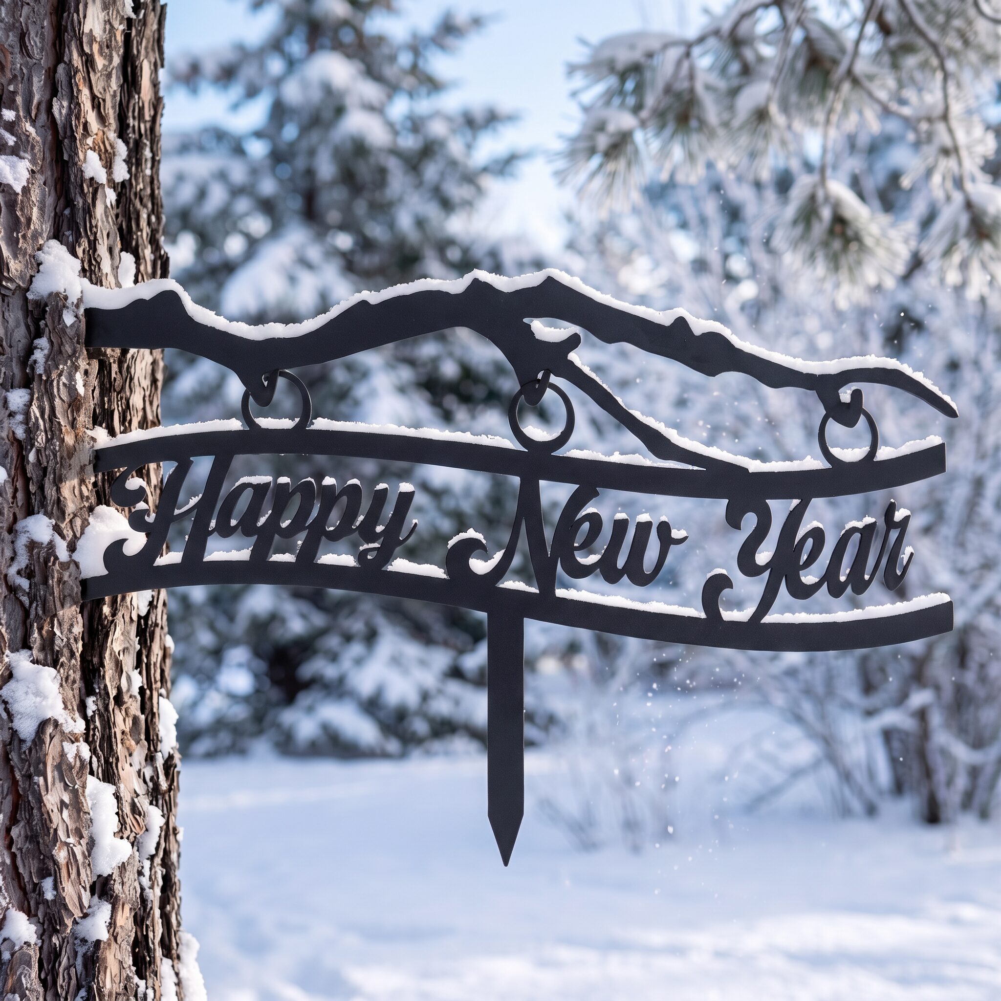 Happy New Year Stake metal yard art in black finish, winter setting