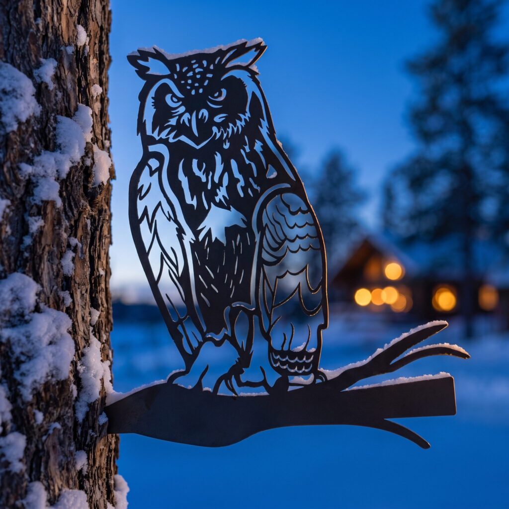 Horned Owl Stake in the Black finish on a winter tree