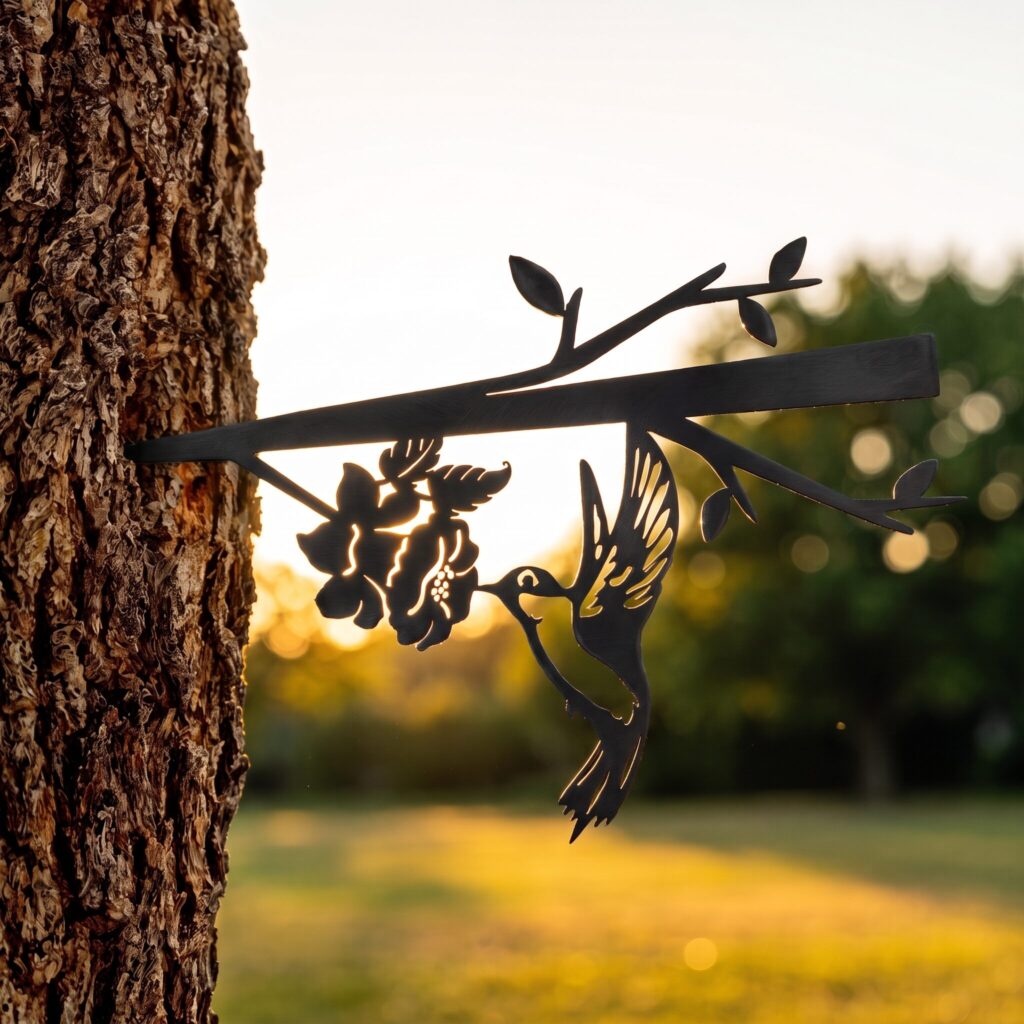 Hummingbird Stake in Black on a tree in summer