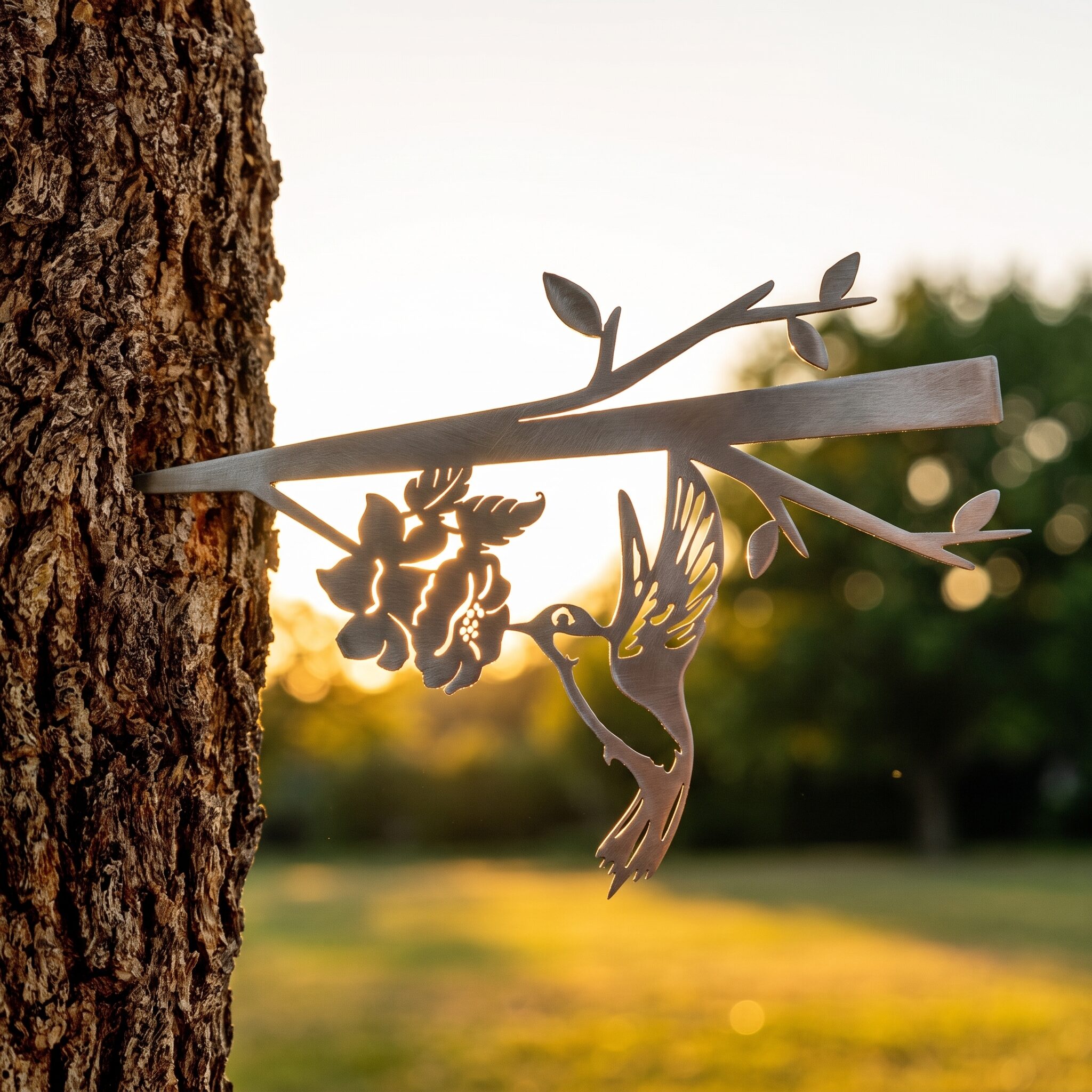 Hummingbird Stake metal yard art in raw steel finish, summer setting