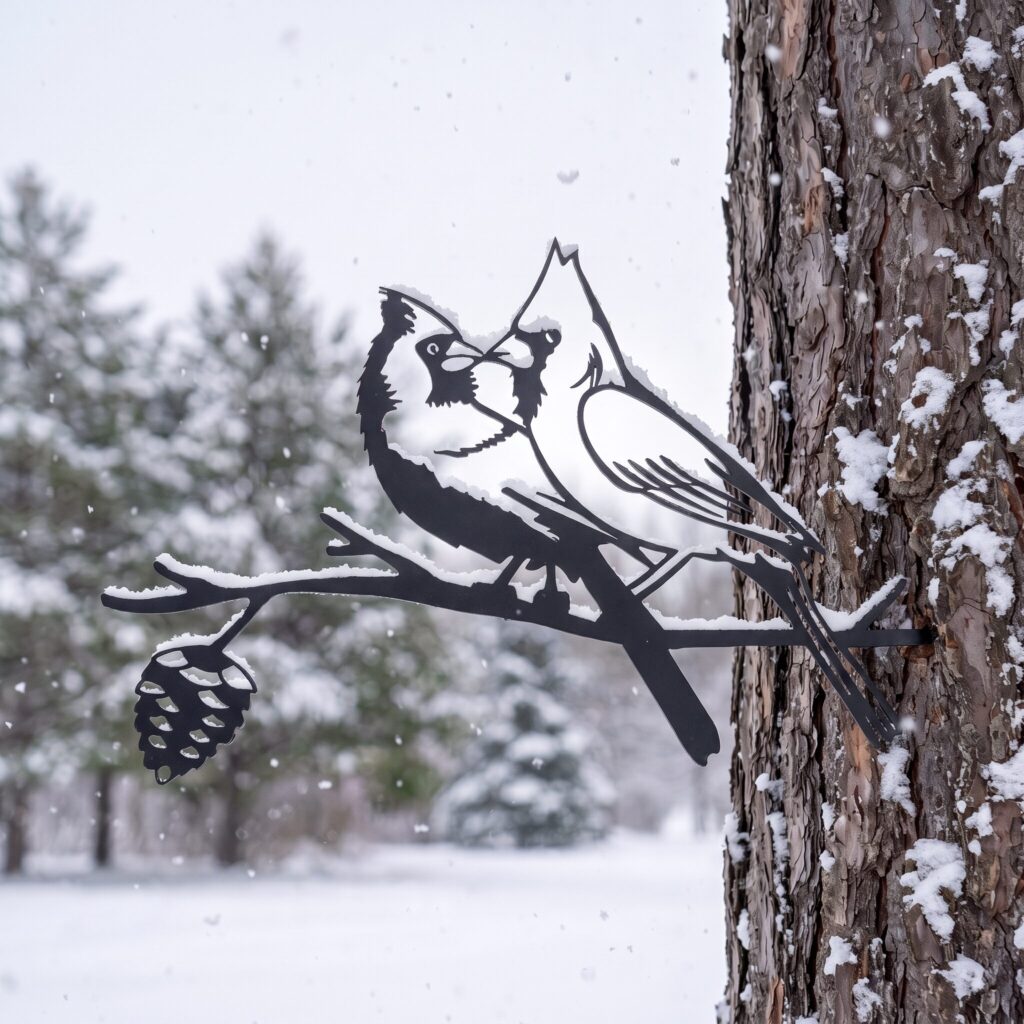 Kissing Cardinals in Black on a tree in winter