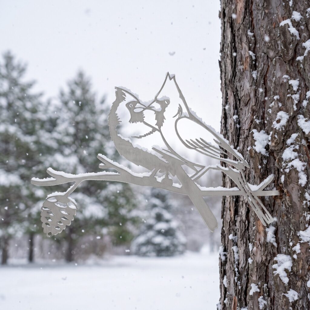 11th anniversary gift idea: Kissing Cardinals in Raw Steel on a tree in winter