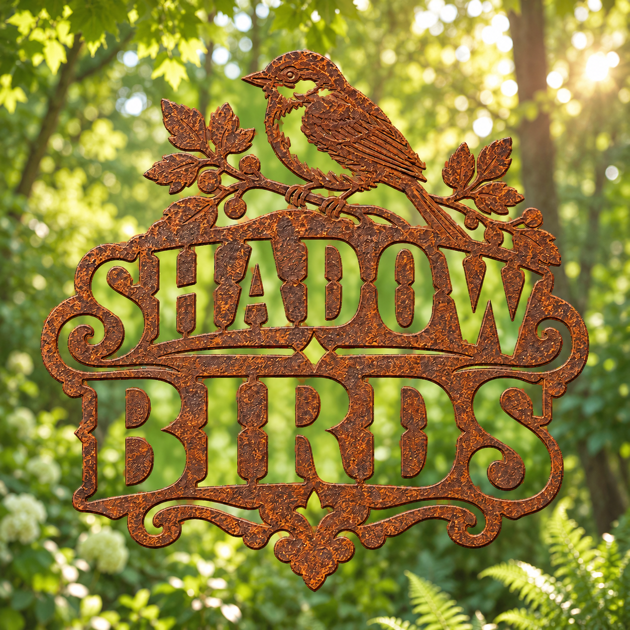Shadow Birds sign cut in weathered steel, a songbird perched above the name