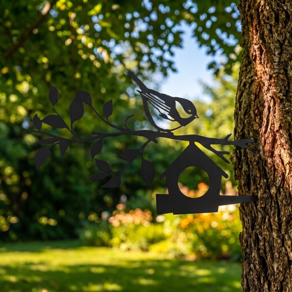 Sparrow and House Stake in the Black finish on a tree in summer