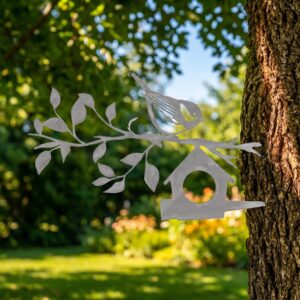 Sparrow and House Stake metal yard art in raw steel finish, summer setting