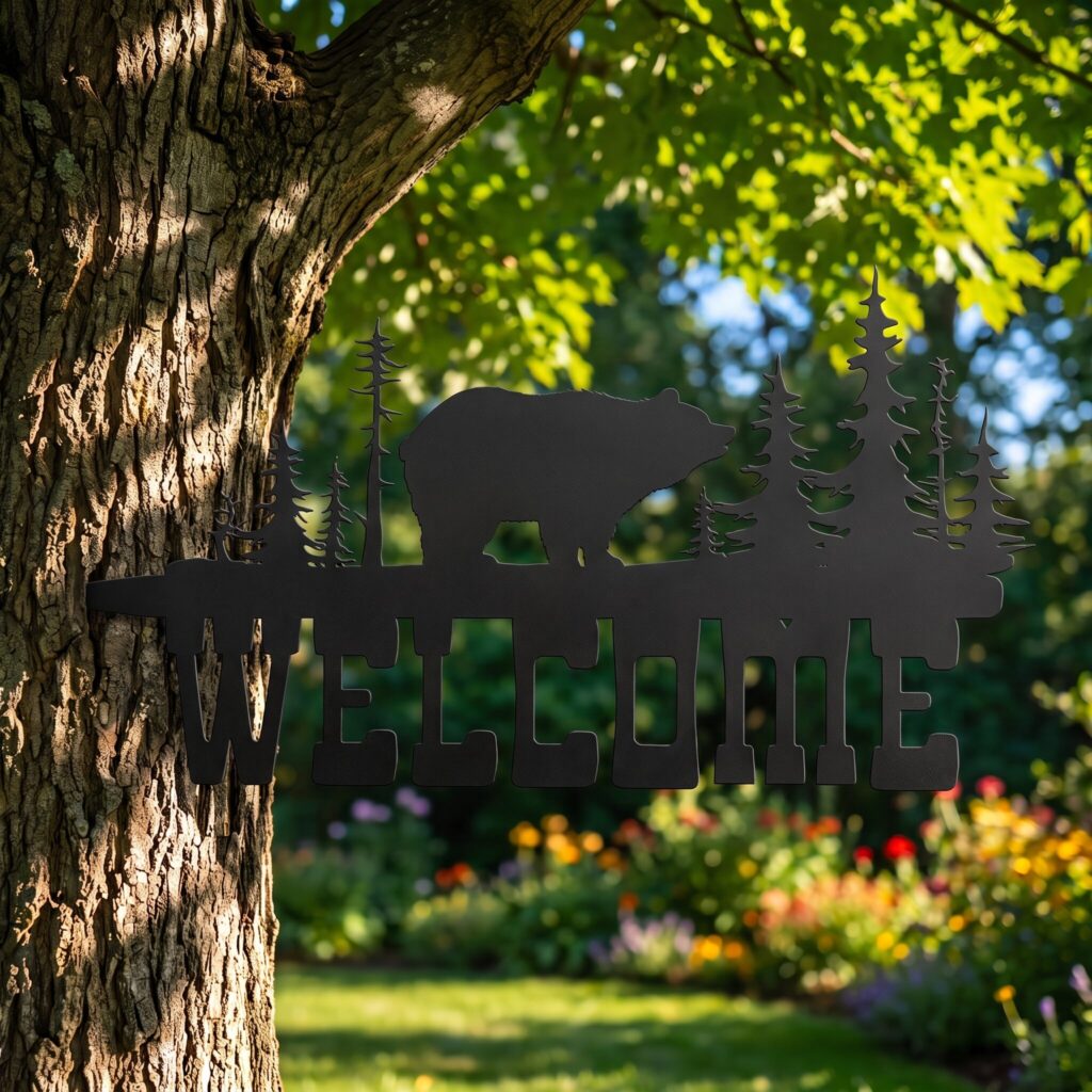 Yard art ideas: the Welcome Bear Stake in the Black finish, outdoors in summer