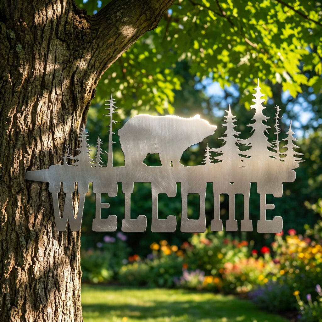 Welcome Bear Stake in Raw Steel on a tree in summer