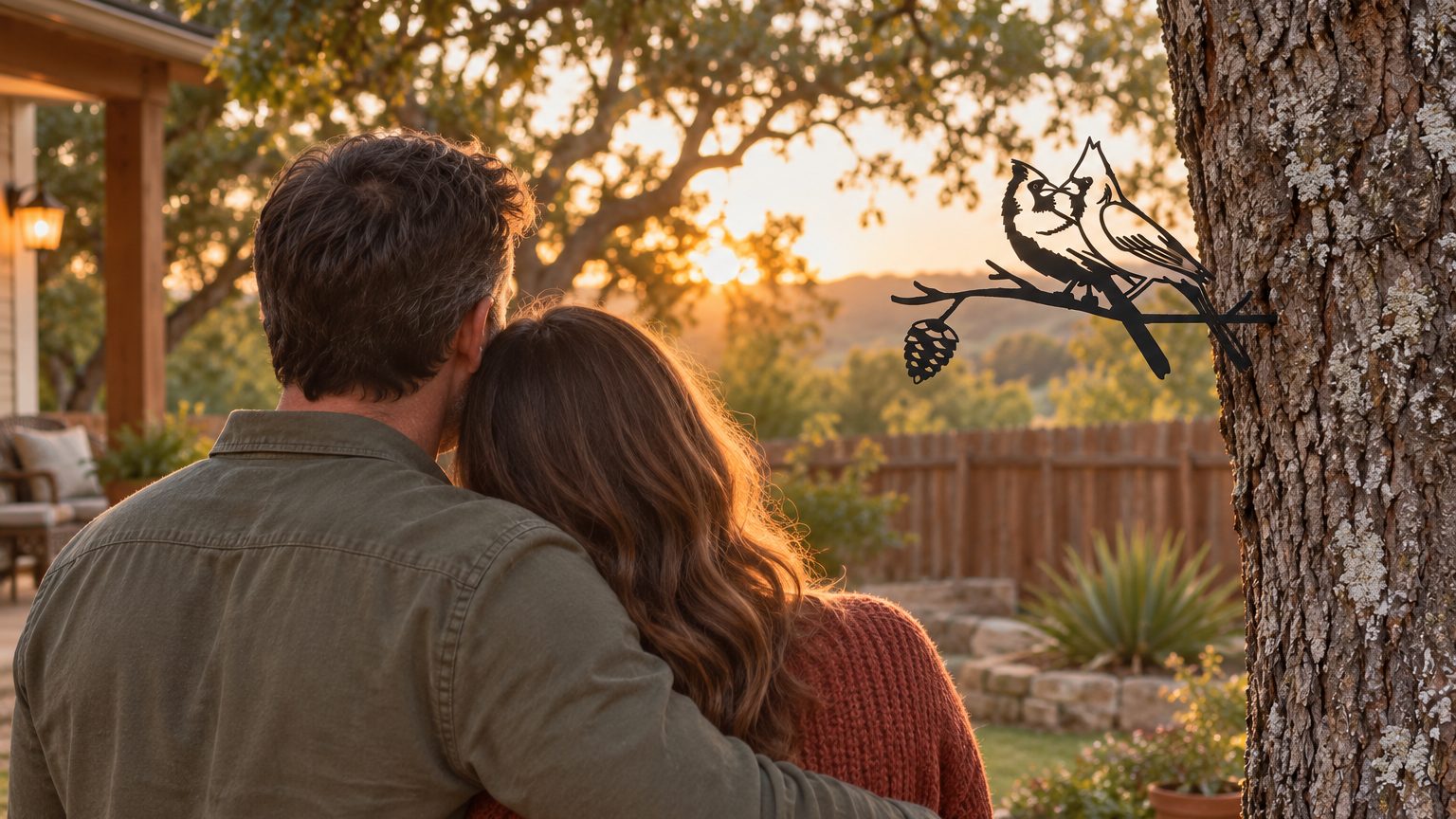 An 11th anniversary gift: a couple looking at the Kissing Cardinals Stake on their oak