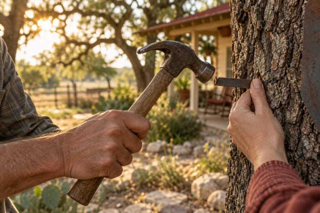Two pairs of hands tapping a steel stake into an oak together
