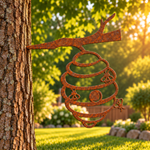 Rusted steel beehive stake mounted on a tree trunk in a sunlit backyard