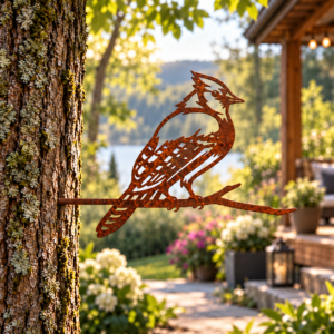Rust-finish steel Blue Jay on a branch, its spike set into a tree trunk beside a porch