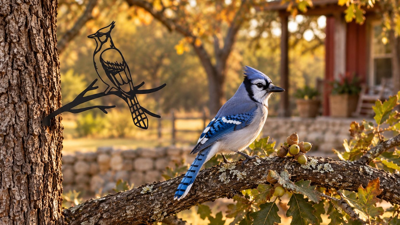 A real blue jay on an oak limb, with the Blue Jay Stake behind it