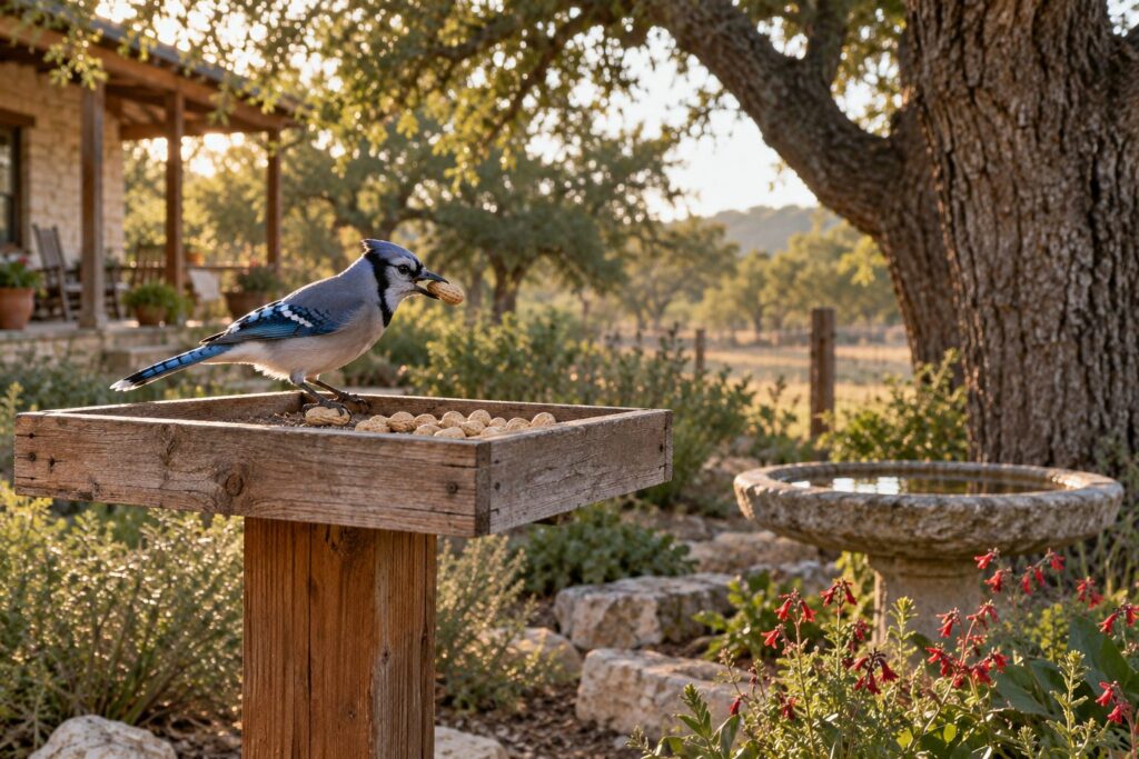 A blue jay taking a peanut from a platform feeder