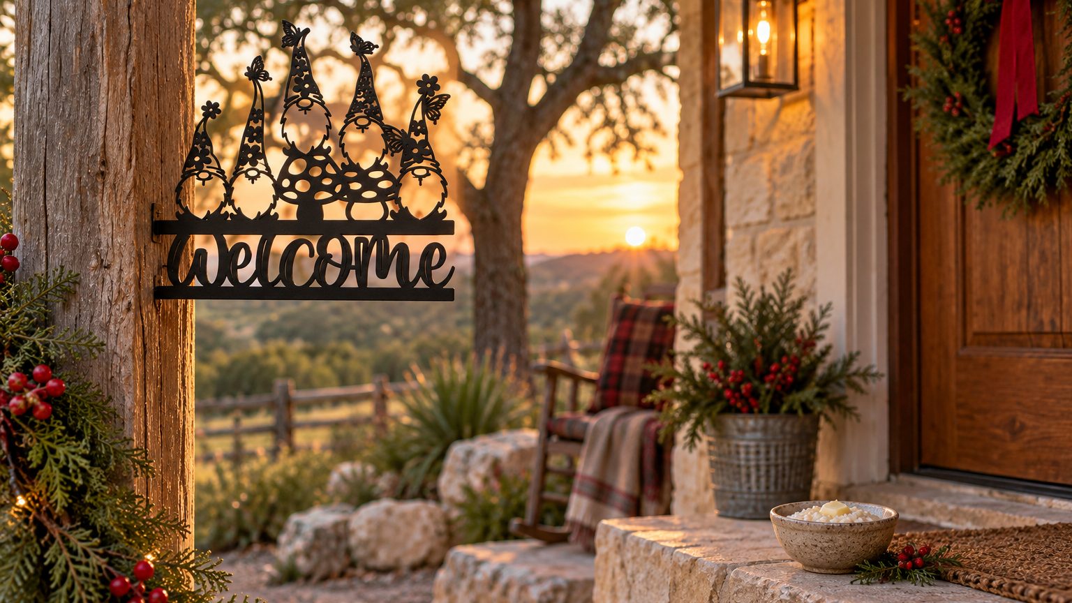 Christmas gnomes: the Gnome Welcome Sign Stake on a porch with a bowl of porridge