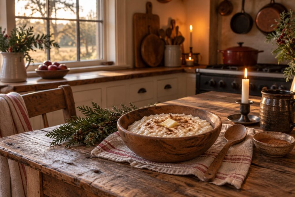 A bowl of rice porridge with butter by candlelight