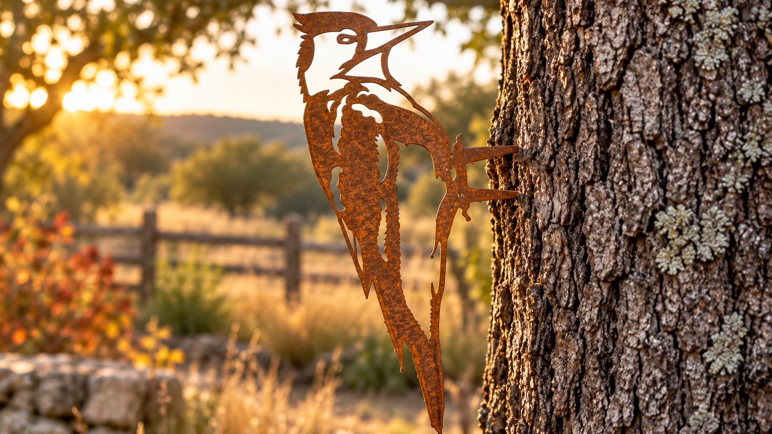 Close view of the weathered rust patina on the Woodpecker Stake in an oak