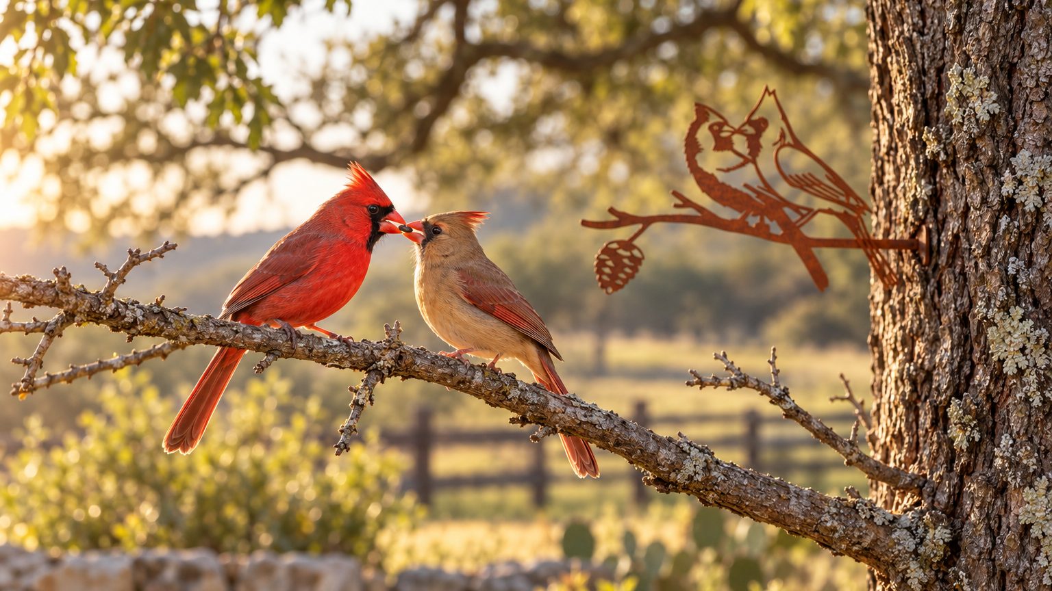 A cardinal pair sharing a seed, with the Kissing Cardinals Stake behind them