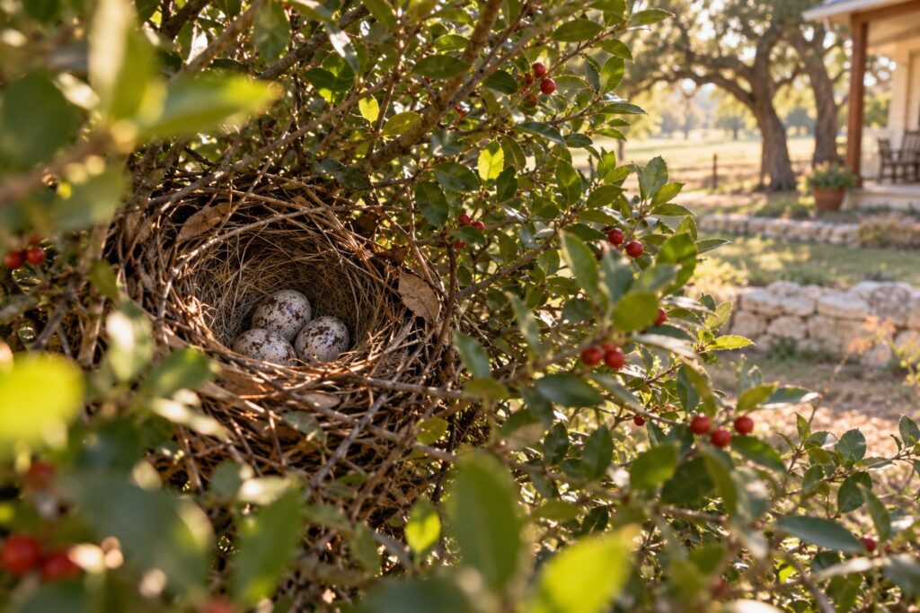 A cardinal nest with three speckled eggs in a yaupon holly