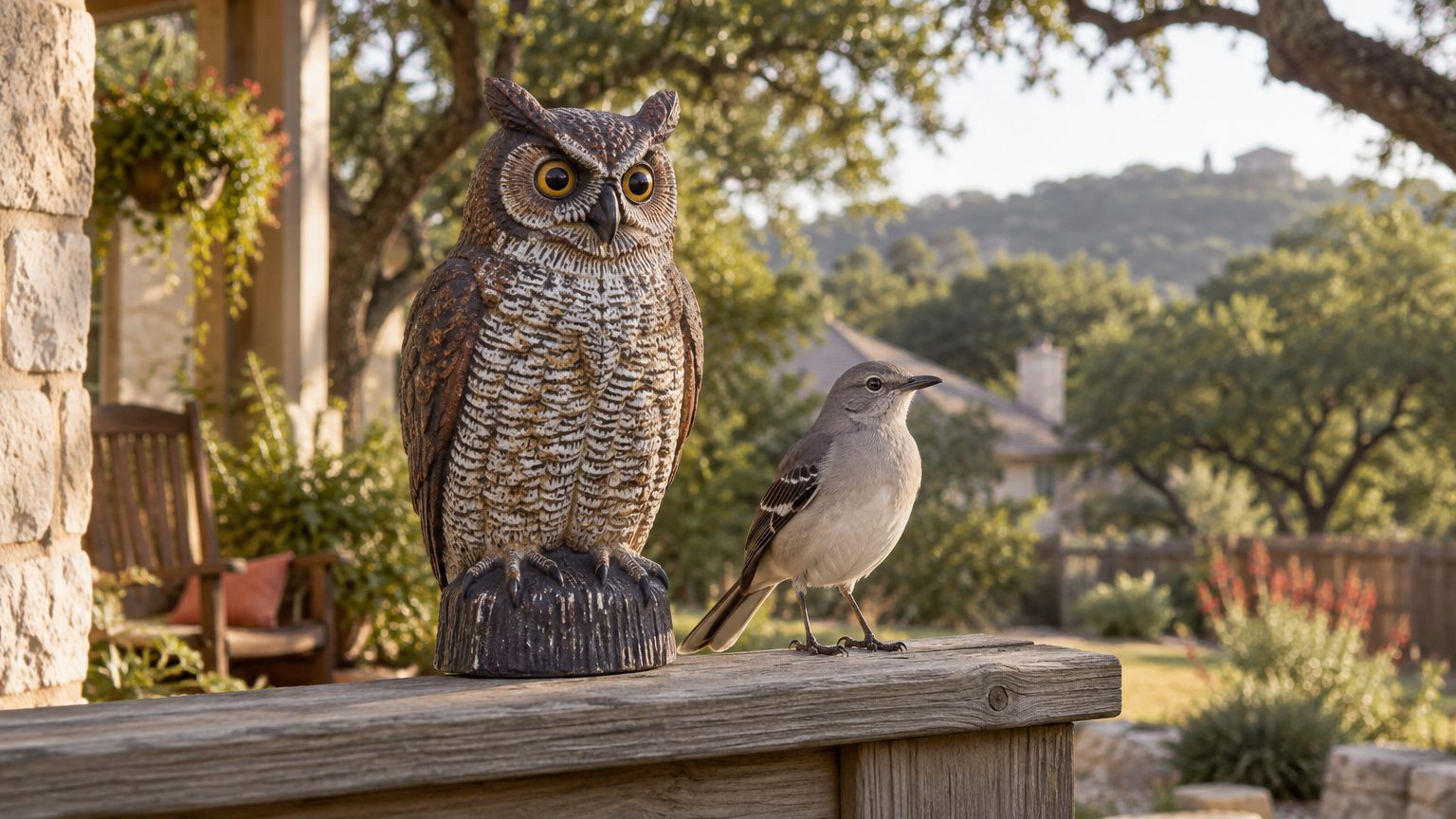 An owl decoy on a porch rail with a mockingbird perched right beside it
