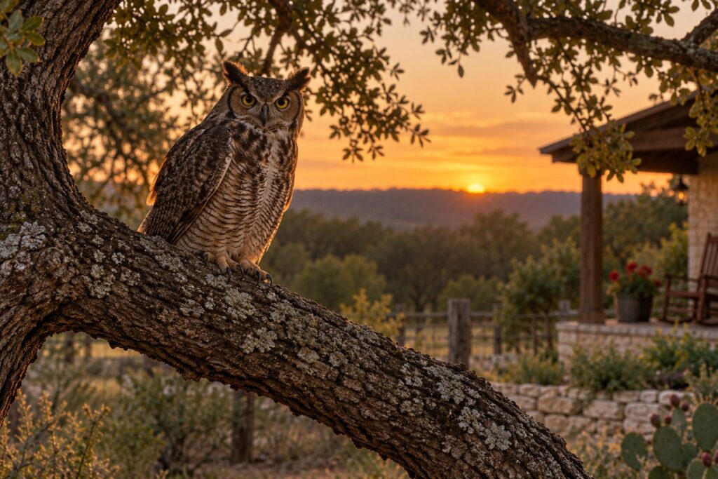 A great horned owl on a live oak limb at dusk