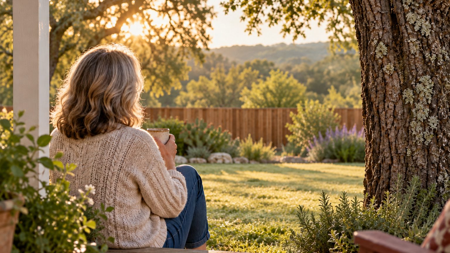 An empty nest morning: a mom on the back porch steps with her coffee, looking out at the yard